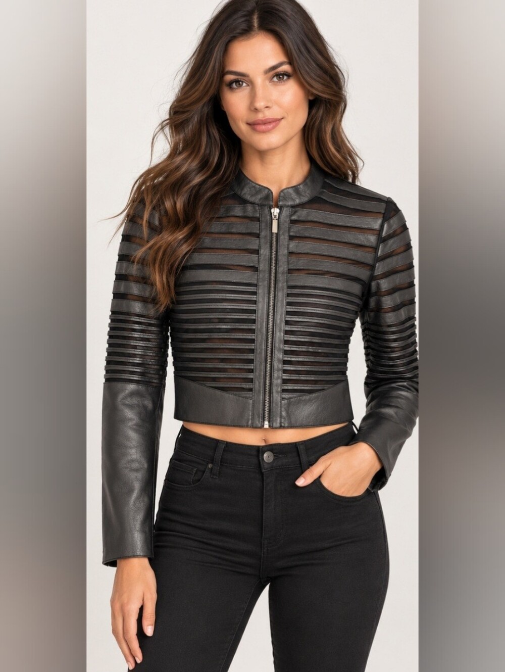 Body Central Y2K Black Faux Leather Mesh Cutout Cropped Moto Jacket L